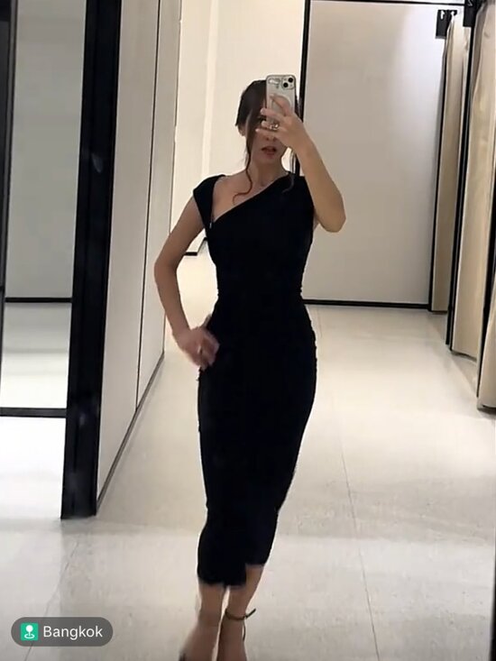 Zara Dresses & Skirts - Zara Black Draped Asymmetric Ruched Midi Dress S NWT
